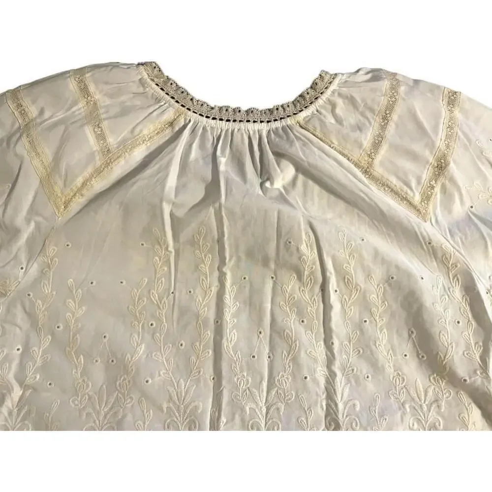 Size M White Cotton Women's Cactus + Pearl Embroidered Peasant Top - Picture 6 of 9